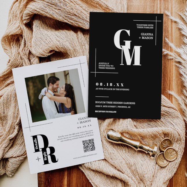Convite Clássico Black Modern Minimamente Casado Foto do C (Criador carregado)