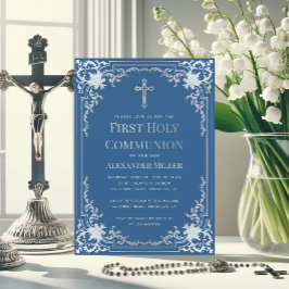 Convite Clássico Blue Faux Silver Cross Boy First Communof