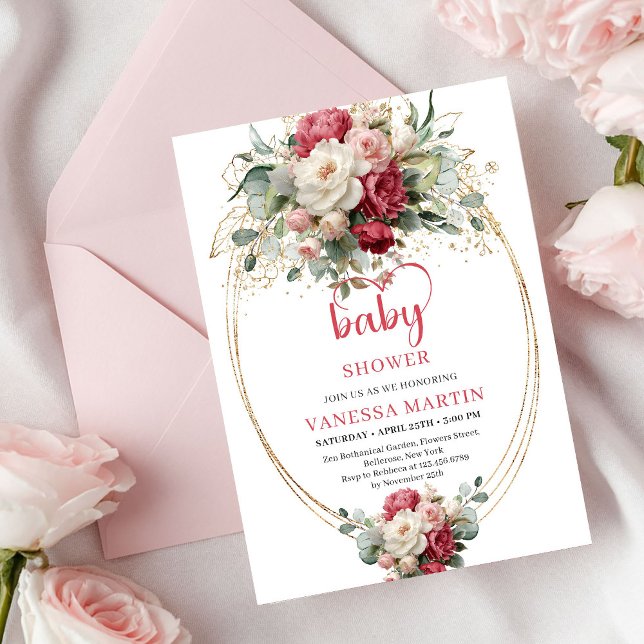 Convite Clássico Boêmio Vermelho Branco Dourado Floral   (Classic Bohemian Crimson Red White Gold Floral Invite)
