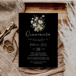Convite Clássico Boho Blush Wildflower Black Quinceañera