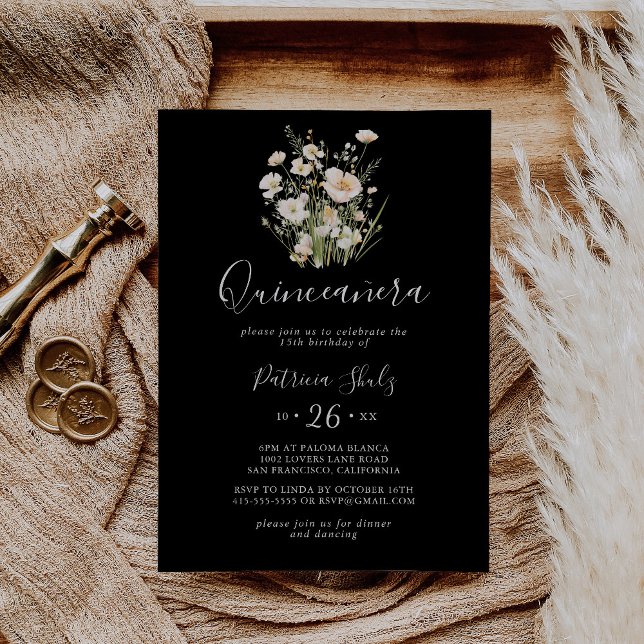 Convite Clássico Boho Blush Wildflower Black Quinceañera (Criador carregado)