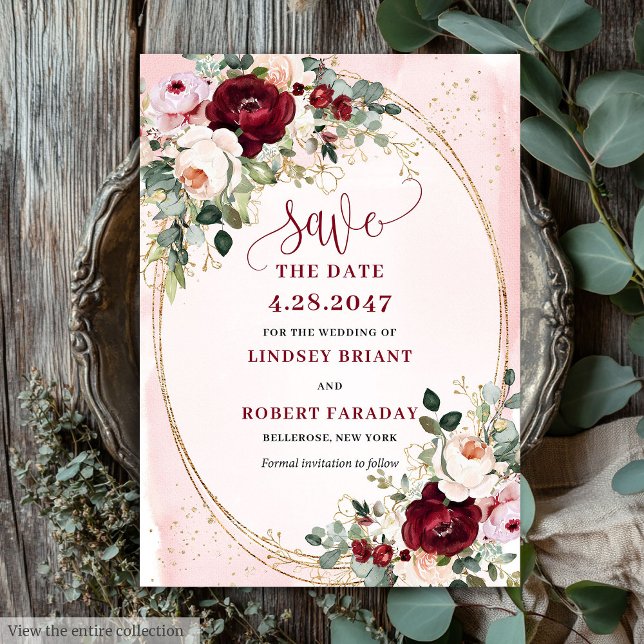 Convite Clássico Boho Borgonha Bege Dourado Rosas Salvar D (Classic Boho Burgundy Blush Gold Roses Save Date)