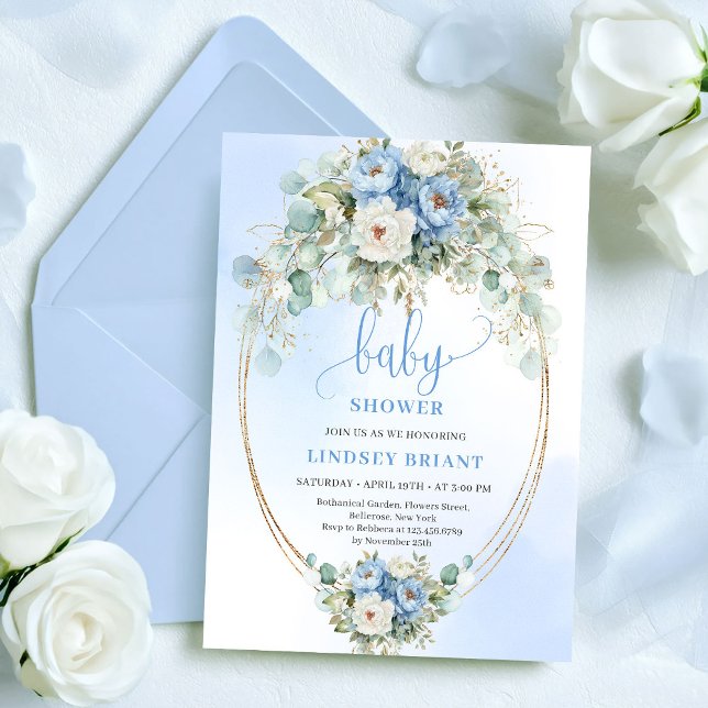 Convite Clássico Boho Flores Azuis Pastel Chuveiro de Bebê (Classic Pastel Blue Flowers Baby Shower Gold Invitation)
