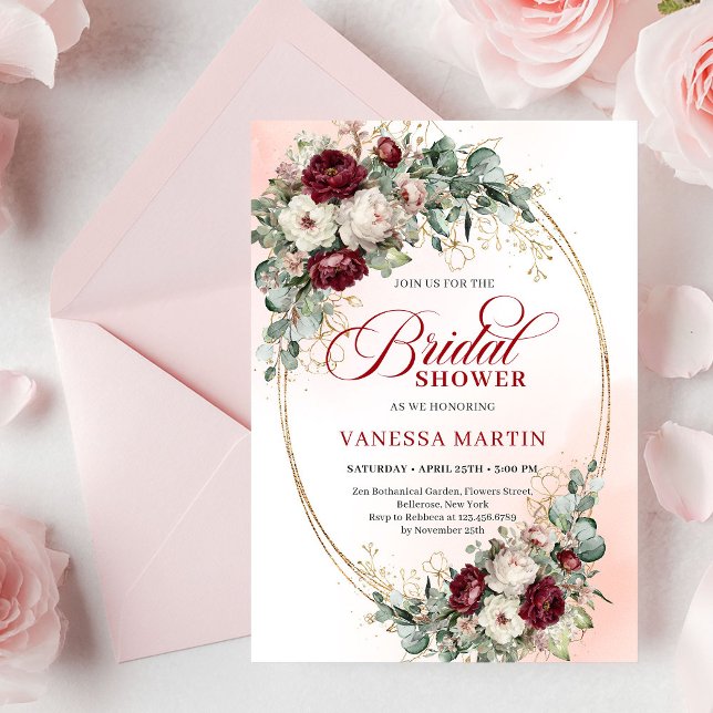 Convite Clássico Boho Flores de Borgonha & Chuveiro Nupcia (Classic Burgundy Flowers & Gold Bridal Shower Invitation)