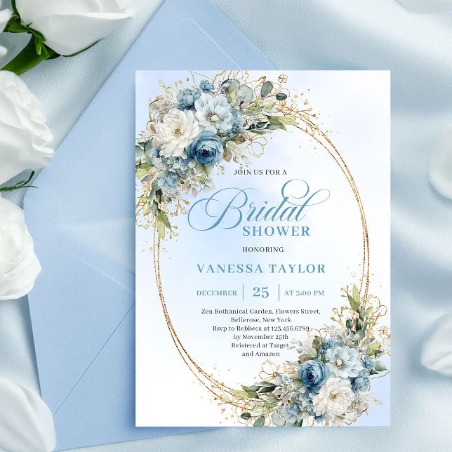 Convite Clássico Boho Pó Azul Floral Dourado Chá de Noiva (Classic Dusty Blue Floral Gold Bridal Shower Invitation)