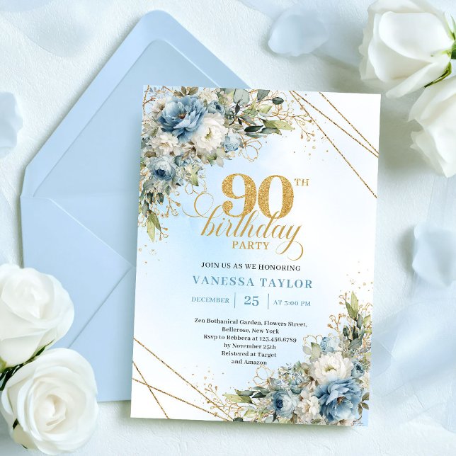 Convite Clássico Boho Poeira Azul Branco Floral 90º Aniver (Classic Dusty Blue White Floral 90th Birthday Invite

)