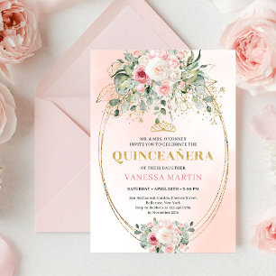 Convite Clássico Boho Rosa Bege Floral Rústico Quinceañera