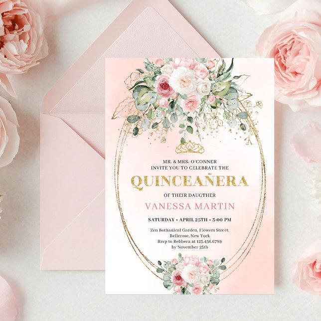 Convite Clássico Boho Rosa Bege Floral Rústico Quinceañera (Classic Blush Pink Floral Rustic Quinceañera Invite)