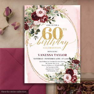 Convite Clássico Boho Rosa Burgundy Aniversário de 60 anos