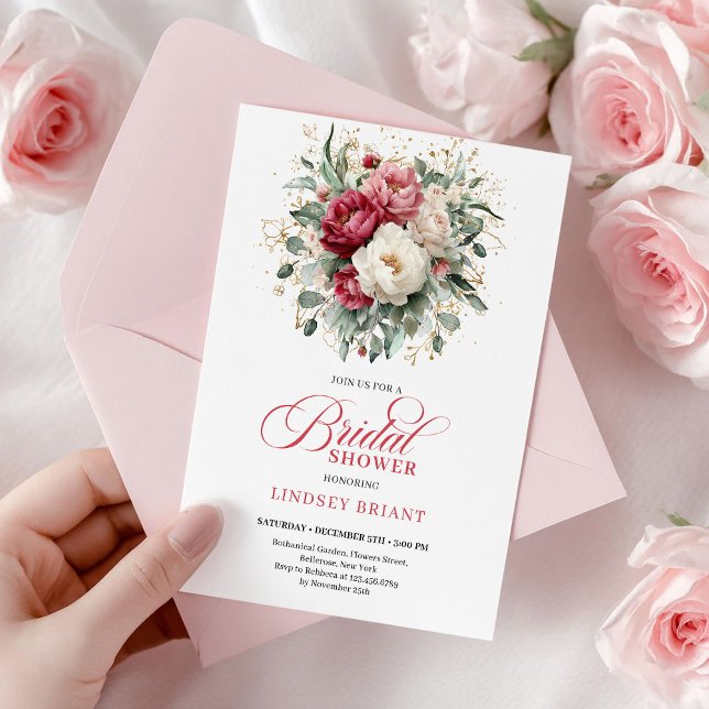 Convite Clássico Boho Vermelho Branco Floral Dourado Chá d (Classic Boho Red White Floral Gold Bridal Shower)