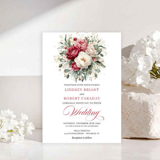 Convite Clássico Boho Vermelho Carmesim com Vegeta (Classic Boho Crimson Red Blush Greenery Invitation)