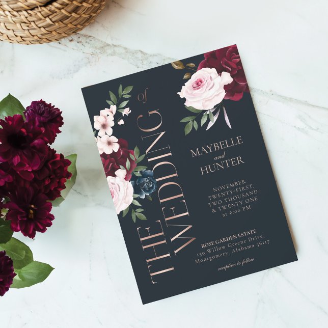 Convite Clássico Borgonha e Florais de Aquarela de Marinho (Classy Bold Burgundy & Navy Watercolor Florals Invitation)