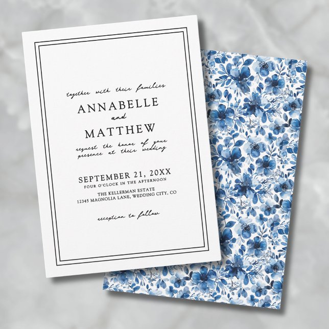 Convite Clássico Botânico Azul Elegante Floral Casamento (Blue Botanical Classic Elegant Floral Wedding Invitation)