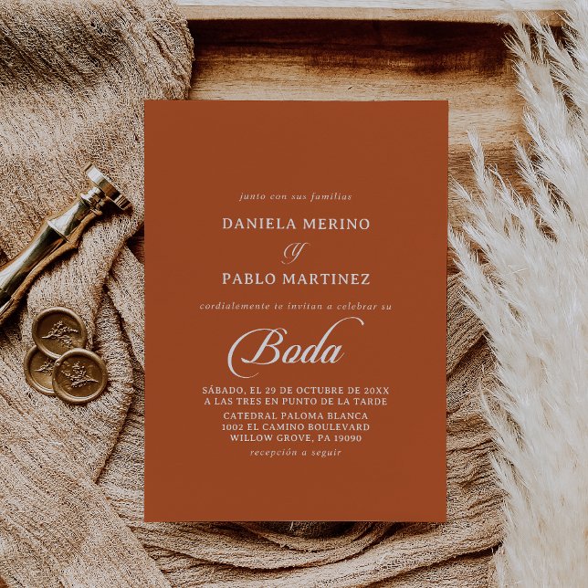 Convite Clássico Branco e Terracota Boda Casamento Espanho (Criador carregado)