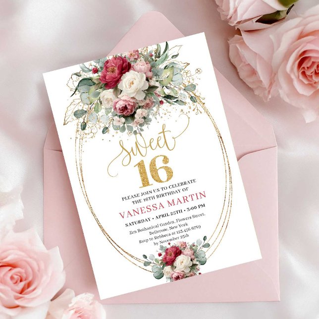Convite Clássico Burgundy Branco Floral Dourado Sw (Classic Burgundy White Gold Floral Sweet 16 Invitation)