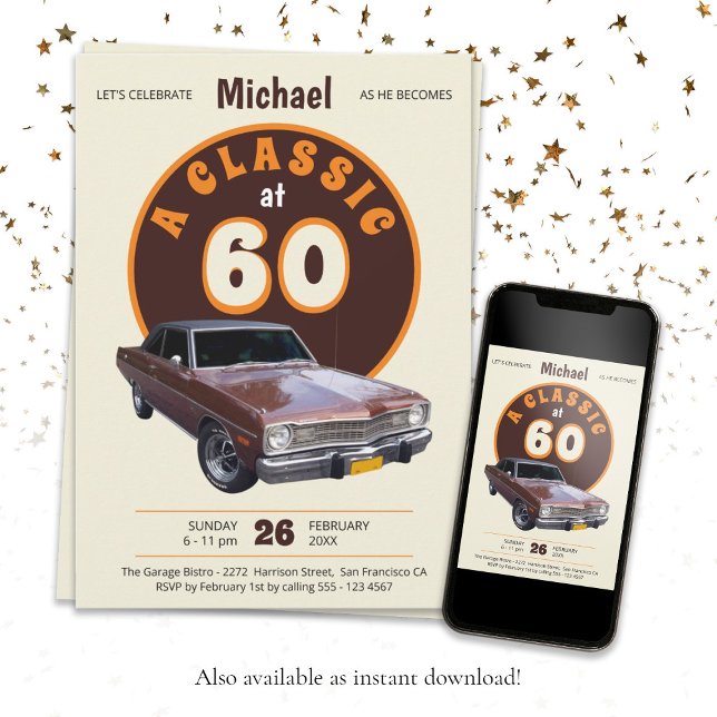 Convite Clássico Carro 60º Aniversário de Diversão Persona (Classic Car 60th Birthday Fun Retro Vintage Custom Invitation)