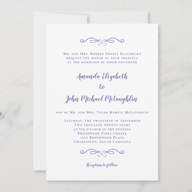 Convite Clássico Casamento Azul Elegante Formal Chic (Frente)