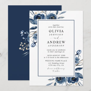 Convite Clássico Casamento de Água-marinha Azul Naval em A
