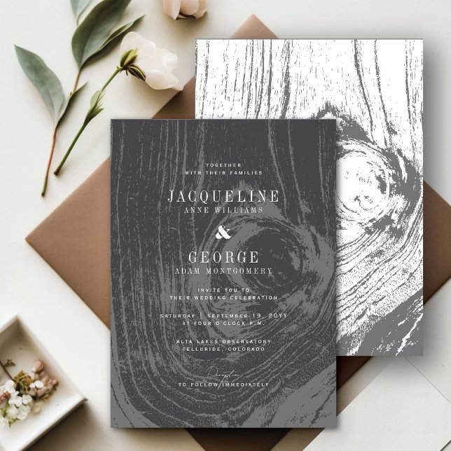 Convite Clássico Casamento de Inverno Rústico Moderno com  (Black/White Classic Modern Rustic Woodgrain Winter Wedding Invitation @ fatfatin_blue_knot)