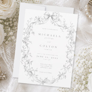 Convite Clássico Casamento de Noiva com Coroa Floral Cinza