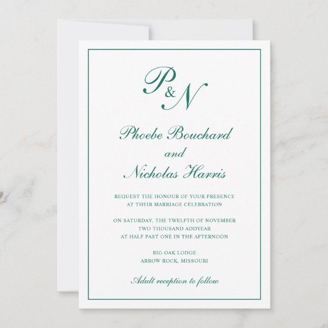 Convite Clássico Casamento Elegante Verde Esmeralda (Frente)