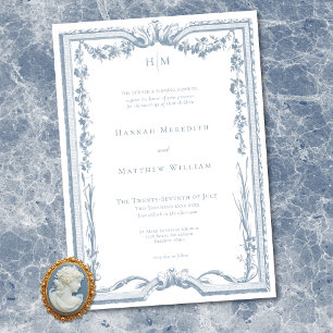 Convite Clássico Casamento Floral em Azul Poeirento Elegan