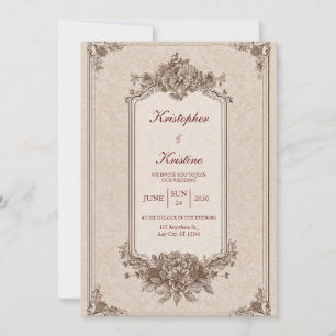 Convite Clássico Casamento Floral em Sépia Monocromático V