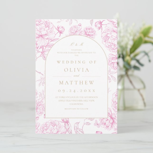 Convite Clássico Casamento Floral Francês Rosa (Em pé/Frente)