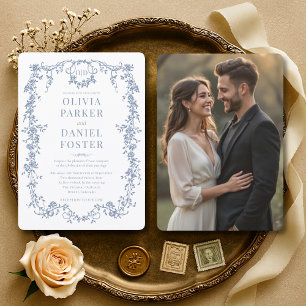 Convite Clássico Casamento Floral Vitoriano Francês Azul P
