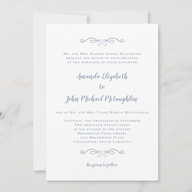 Convite Clássico Casamento Formal Elegante em Tom Azul Poe (Frente)