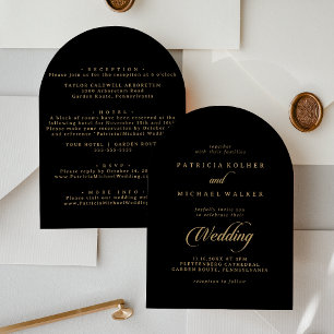 Convite Clássico Casamento Frente e Verso Preto e Dourado