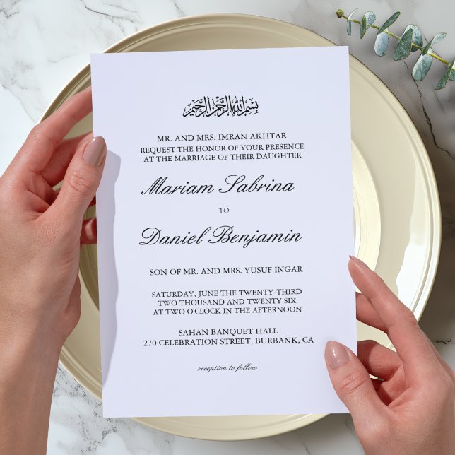 Convite Clássico Casamento Islâmico Elegante Preto e Branc (Criador carregado)