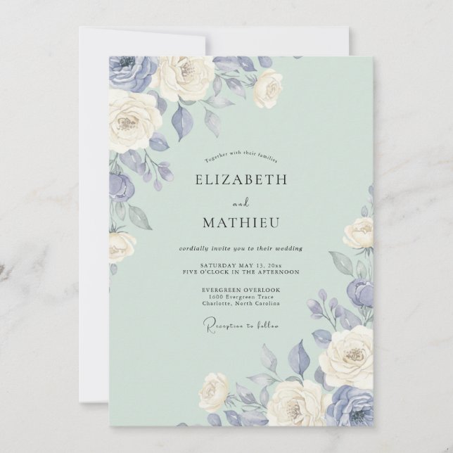 Convite Clássico Casamento Peônia Periwinkle Celadon (Frente)