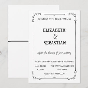 Convite Clássico Casamento Preto e Branco Vintage Ornate 