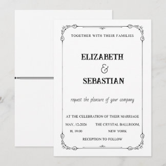 Convite Clássico Casamento Preto e Branco Vintage Ornate