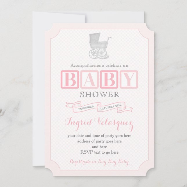 Convite Clássico Chá de fraldas de Pram em Espanhol (Frente)