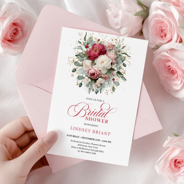 Convite Clássico Chá de Noiva Boho Borgonha Bege Dourado (Sophisticated Bohemian Red White Floral Greenery)