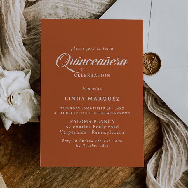 Convite Clássico Chic Terracota Caligrafia Quinceañera (Criador carregado)