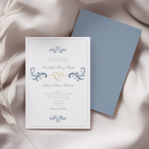 Convite Clássico Coração de Ouro Casamento Azul Poeirento