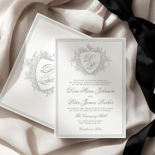 Convite Clássico crista vintage monograma casamento verde  (Criador carregado)