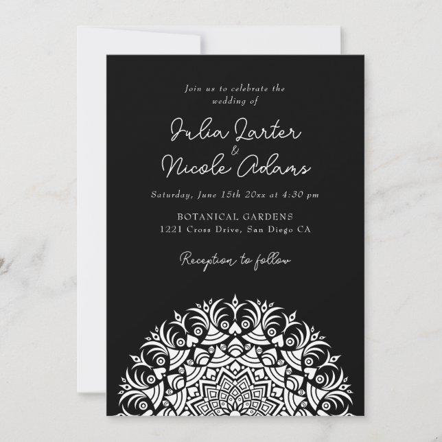 Convite Clássico da Meia-Noite Preto Casamento de Mandala  (Frente)