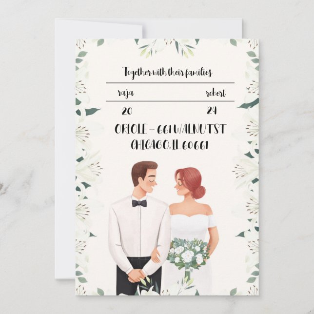 Convite clássico de casamento com linda flor (Frente)