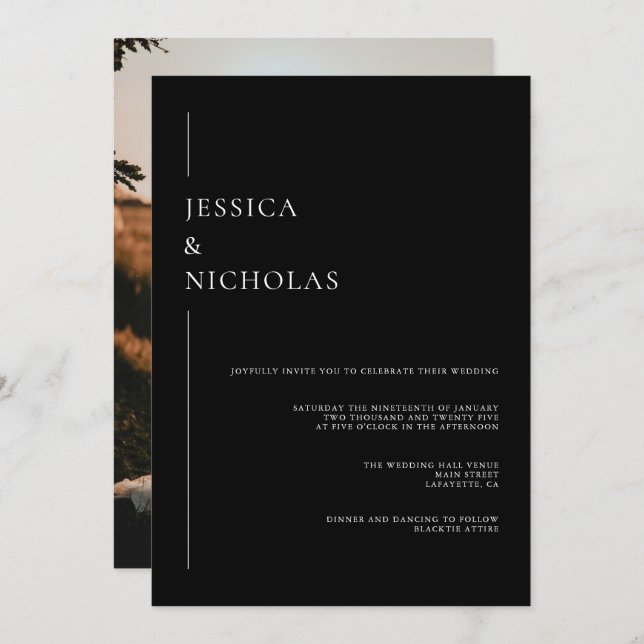 Convite Clássico de Casamento de Fotos do Script Elegante  (Frente/Verso)