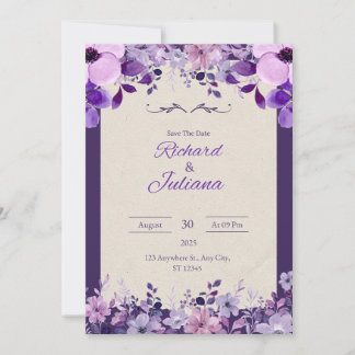 Convite Clássico de Casamento Floral Rosa e Roxo