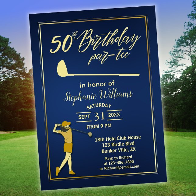 Convite Clássico de Golfe Azul Dourado Aniversário de 50 a (Criador carregado)