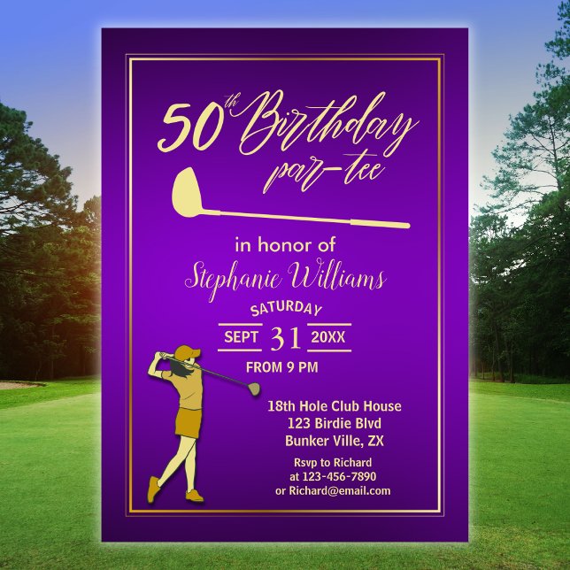 Convite Clássico de Golfe Roxo Dourado Aniversário de 50 a (Criador carregado)