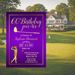 Convite Clássico de Golfe Roxo Dourado Aniversário de 60 A