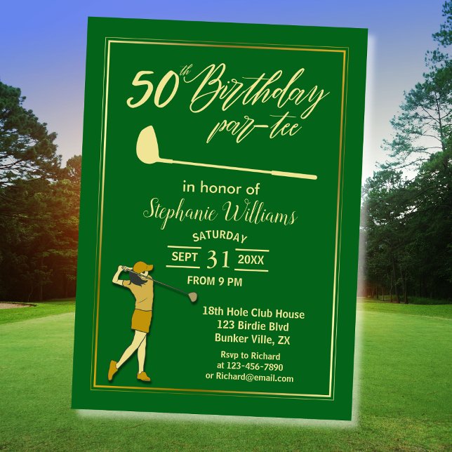 Convite Clássico de Golfe Verde Dourado Mulheres 50º Anive (Criador carregado)