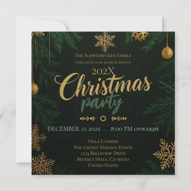 Convite Clássico de Natal Preto, Verde e Dourado (Frente)