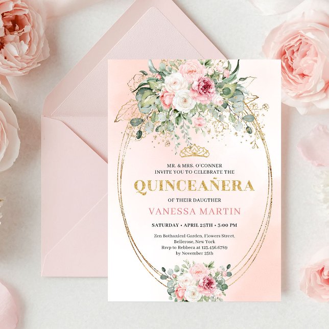 Convite Clássico de Quince Anos Rosa Pastel Dourad (Classic Pastel Pink Rose Gold Quinceañera Invite

)